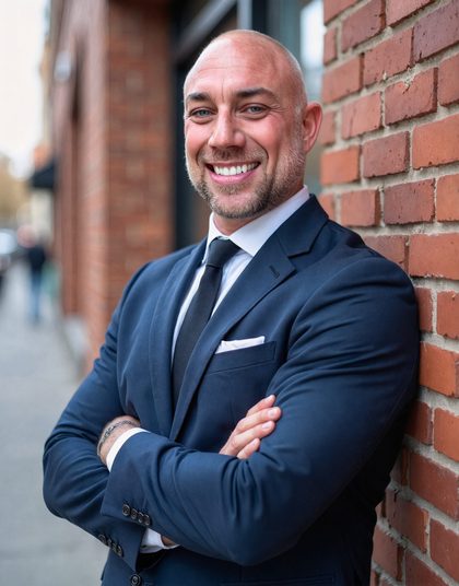Headshot, brick wall, arms crossed