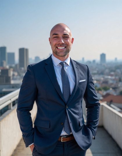 Headshot, rooftop, hazy skyline