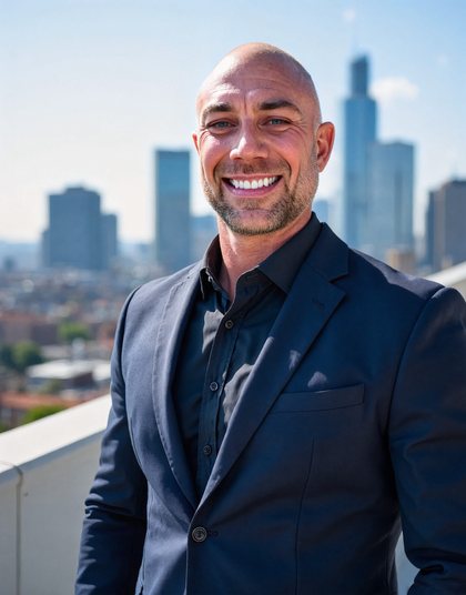 Headshot, rooftop, open collar