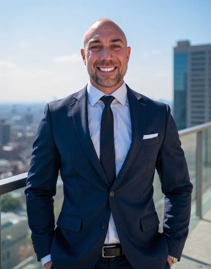 Headshot, rooftop, city skyline